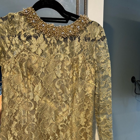 TERI JON GOLD LACE OVERLAY DRESS WITH BEADED NECKLINE - Picture 5 of 6